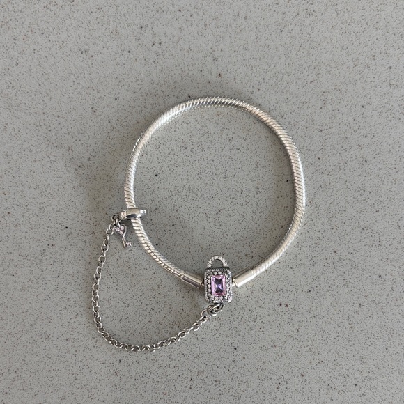 Jewelry - Sterling Silver 925 Lock & Key Pink Gemstone Charm Bracelet - will fit Pandora